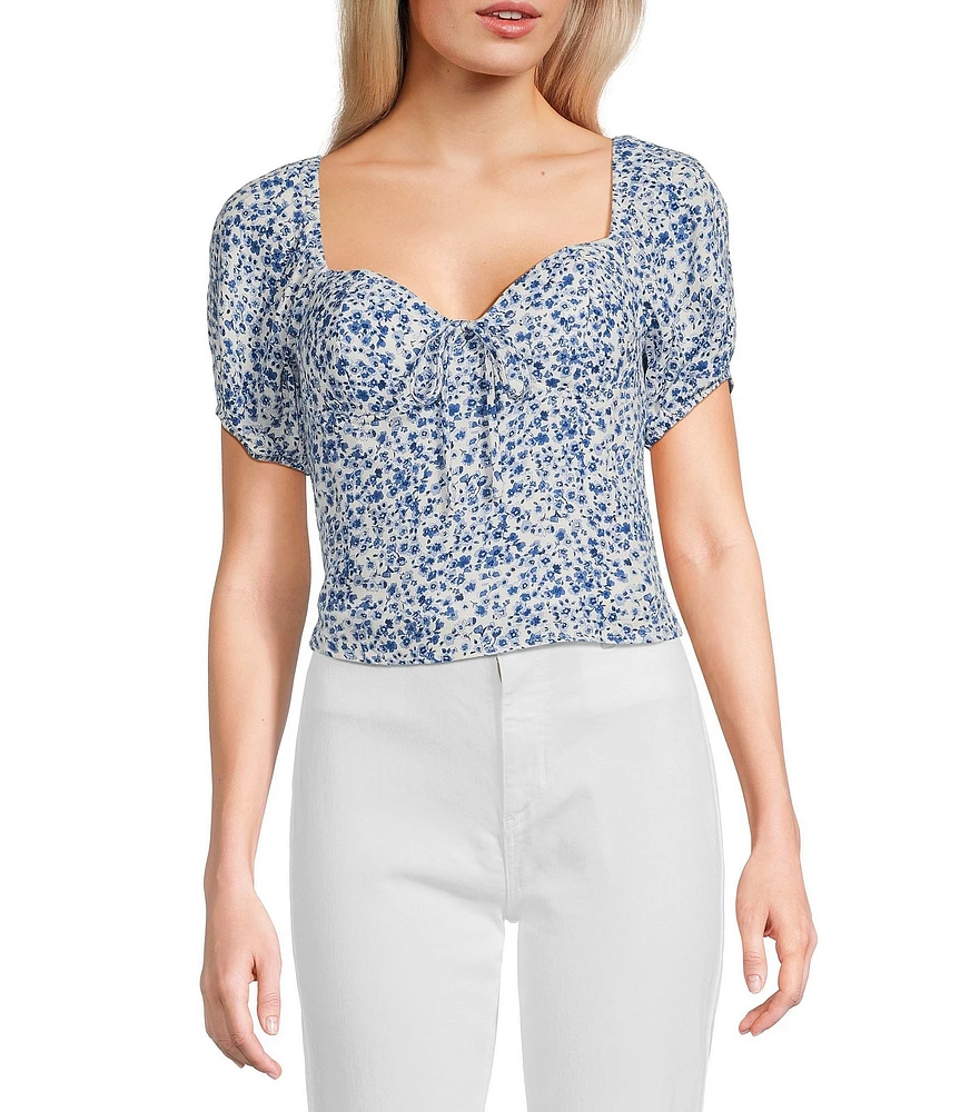 I.N. San Francisco Floral Print Sweetheart Neck Short Puff Sleeve Top