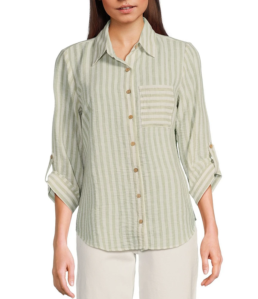 I.N. San Francisco Striped Collared 3/4 Roll Sleeve Button Down Shirt