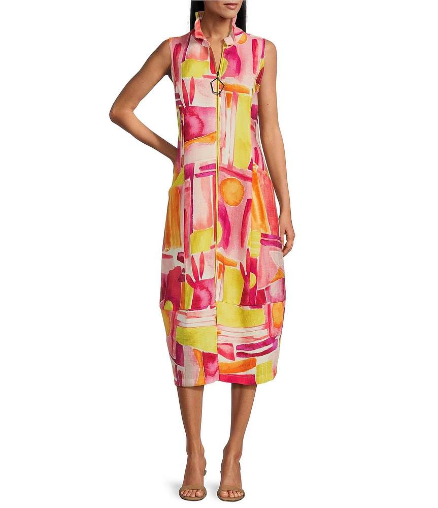IC Collection Abstract Geo Print High Wire Collar Sleeveless Print Midi Dress