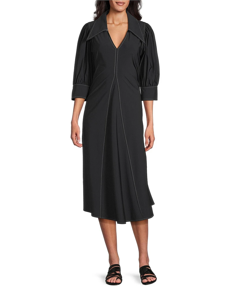 IC Collection Knit Collar V-Neck Elbow Puff Sleeve Fit-An-Flare Midi Dress