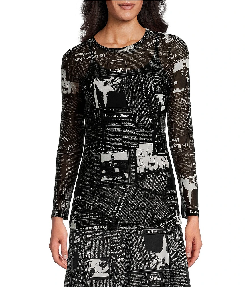 IC Collection Mesh Newspaper Print Round Neck Long Sleeve Top