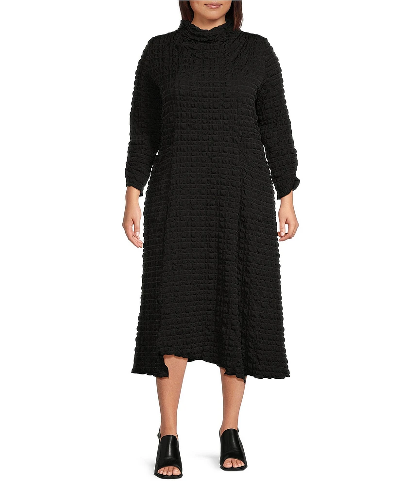 IC Collection Plus Size Textured Bubble Check Pucker Woven Mock Neck Long Sleeve Asymmetrical Hem Pocketed Sheath Midi Dress