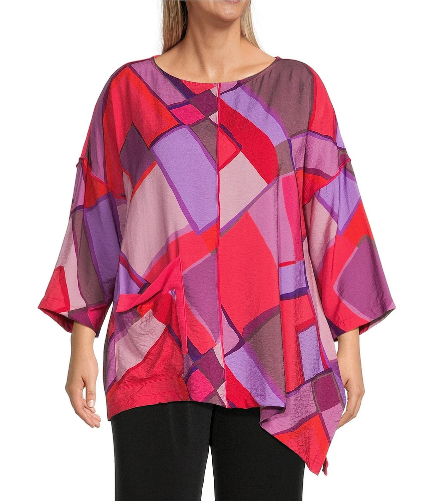 IC Collection Plus Size Woven Abstract Print Boat Neck 3/4 Sleeve Asymmetrical Hem Tunic