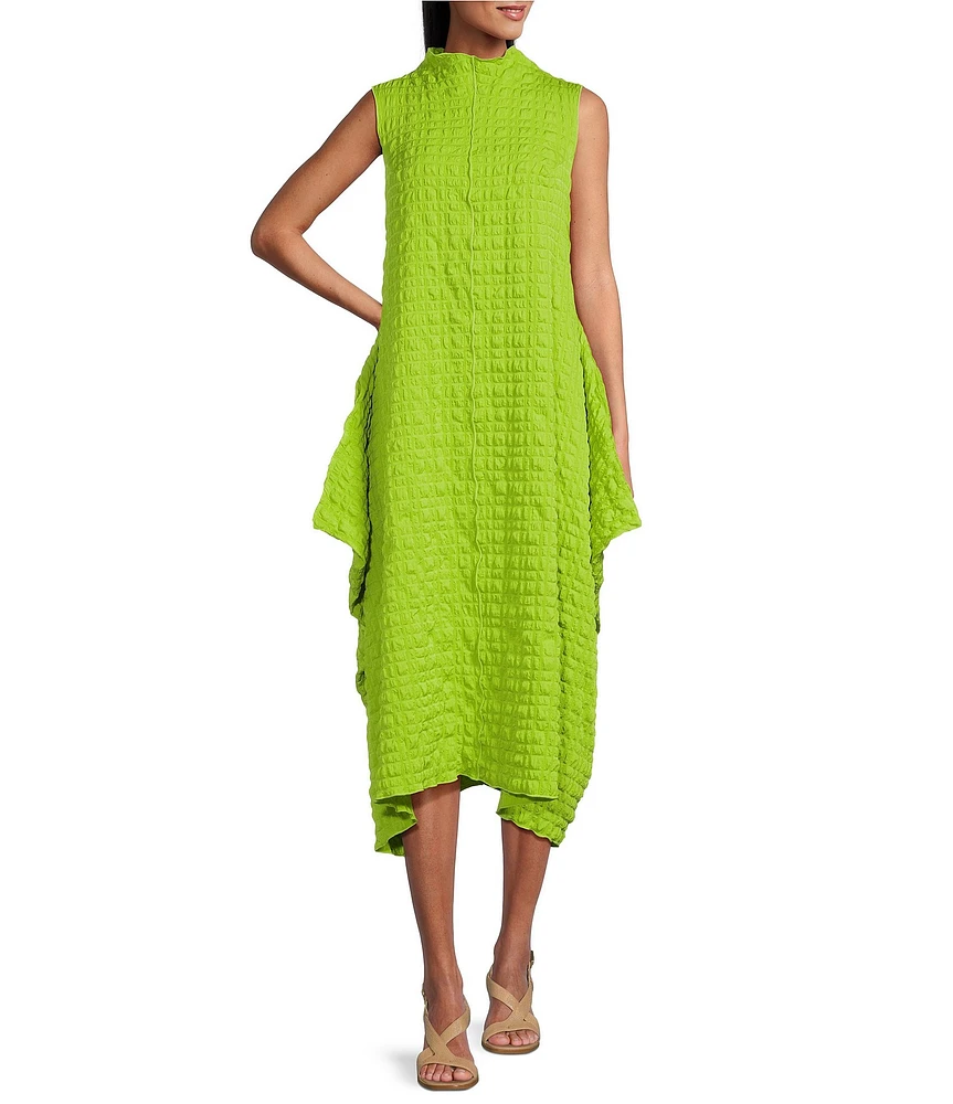 IC Collection Pucker Bubble Check Pattern Mock Neck Sleeveless Drape Side Midi Dress