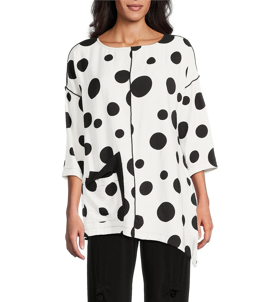 IC Collection Woven Dot Print Boat Neck 3/4 Sleeve Asymmetrical Tunic