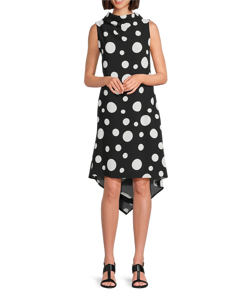 IC Collection Woven Dot Print Mock Cowl Neck Sleeveless Asymmetrical Tunic Dress
