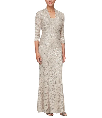 Ignite Evenings 3/4 Sleeve Scoop Neck Sequin Lace 2-Piece Jacket Dress