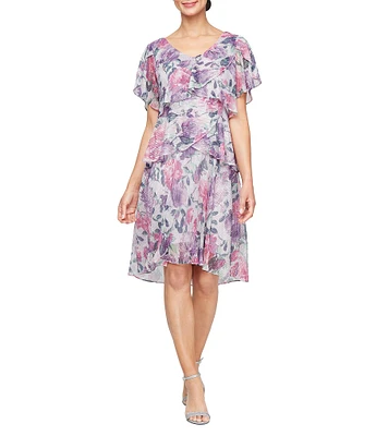 Ignite Evenings Bodre Floral Short Sleeve V-Neck Tiered Dress