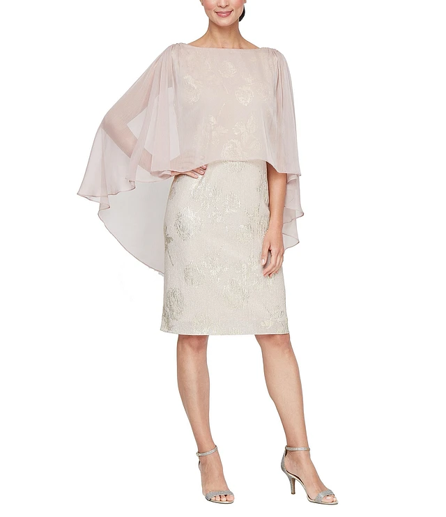 ignite evenings dress Sl Fashions Plus Size Crewneck Asymmetric Capelet Sheath - Fig Short flutter sleeves Ignite Evenings Gold Beaded Top