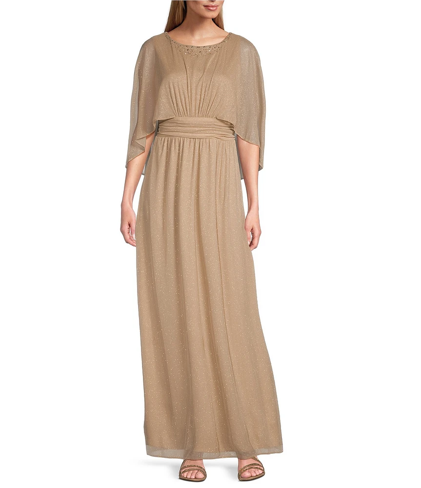 Ignite Evenings Embellished Crew Neck Capelet Sleeve Glitter Mesh Sheath Dress