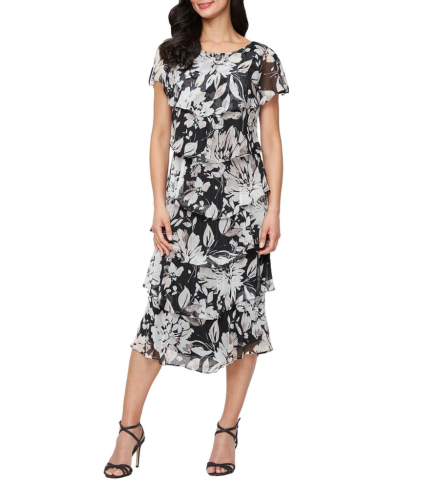 Ignite Evenings Chiffon Floral Print Crew Neck Short Capelet Sleeve Tiered Midi Dress