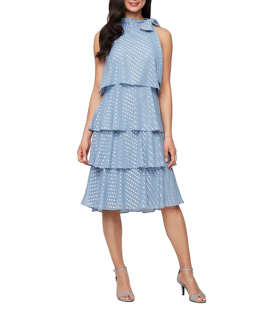 Ignite Evenings Halter Neck Bow Sleeveless Chiffon Burnout Tiered Shift Dress