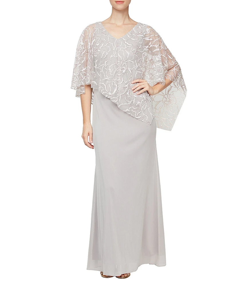 Ignite Evenings Petite Size 3/4 Sleeve Asymmetrical Glitter Mesh Capelet V-Neck Jersey Gown