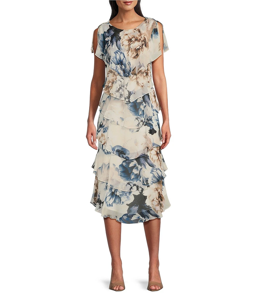 Ignite Evenings Petite Size Chiffon Embellished Shoulder Cap Sleeve Crew Neck Printed Tiered Midi Dress