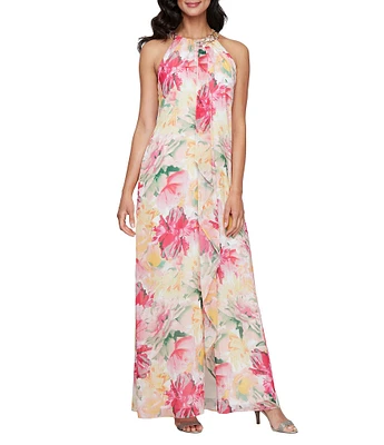 Ignite Evenings Petite Size Floral Print Halter Sleeveless Maxi Dress
