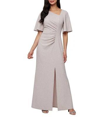 Ignite Evenings Petite Size Metallic Knit L-Neck Short Sleeve Gown