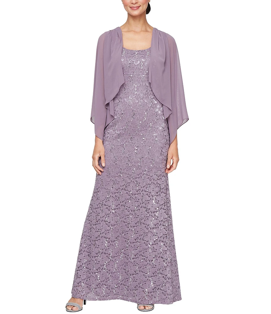 Ignite Evenings Petite Size Scoop Neck Capelet Sleeve Lace Mock Jacket Dress