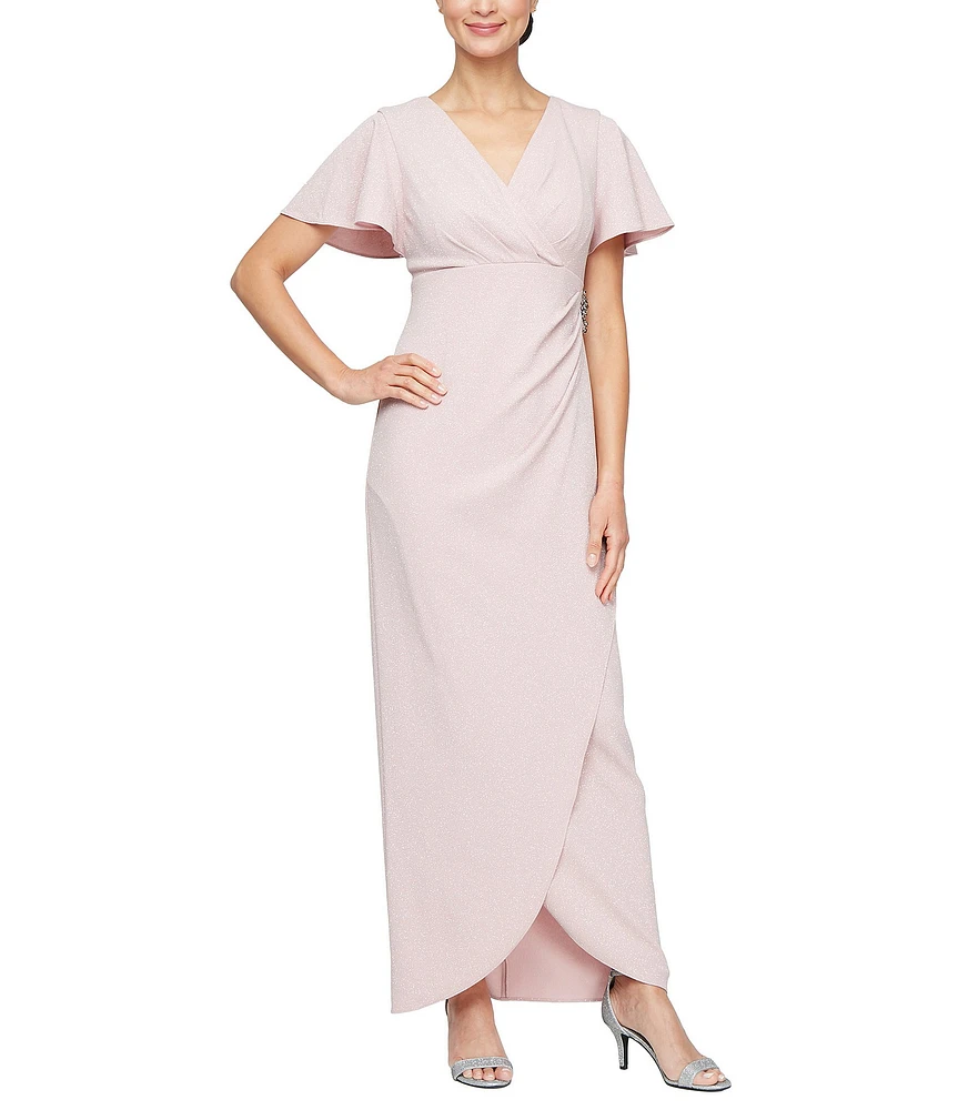 Ignite Evenings Petite Size Short Flutter Sleeve V-Neck Glitter Knit Gown