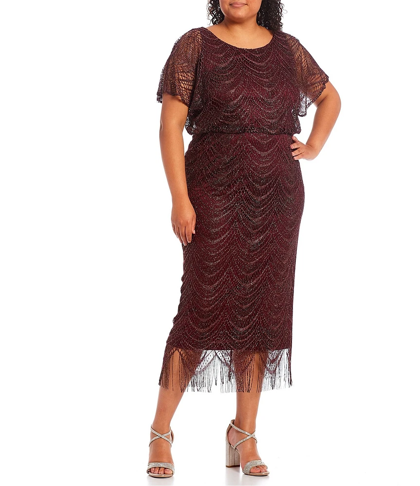 Ignite Evenings Plus Size Round Neck Short Sleeve Scallop Fringe Blouson Midi Dress