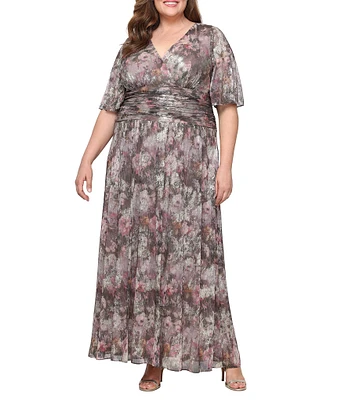Ignite Evenings Plus Size Metallic Bodre Floral Print V-Neck Short Sleeve Ruched A-Line Dress