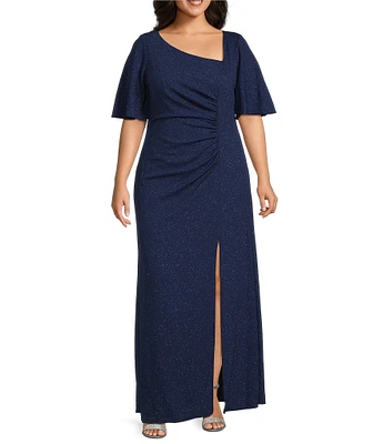 Ignite Evenings Plus Size Metallic Knit L-Neck Gown