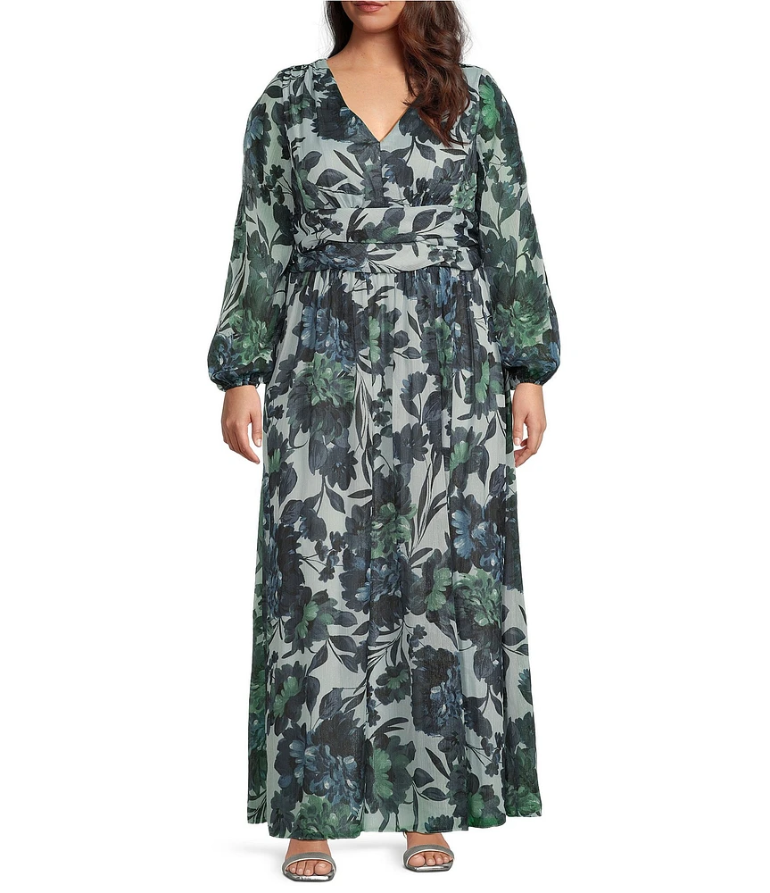 Ignite Evenings Plus Size Printed Long Illusion Sleeve V-Neck Chiffon Maxi Dress