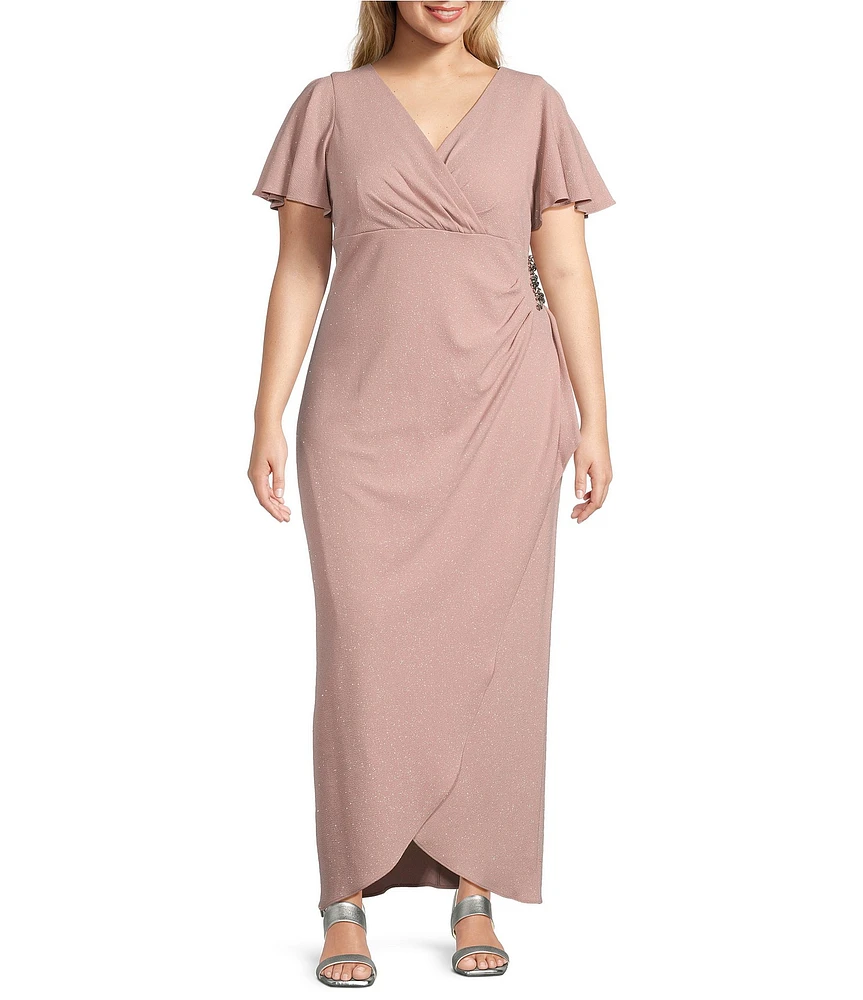 Ignite Evenings Plus Size Short Flutter Sleeve V-Neck Glitter Knit Dress