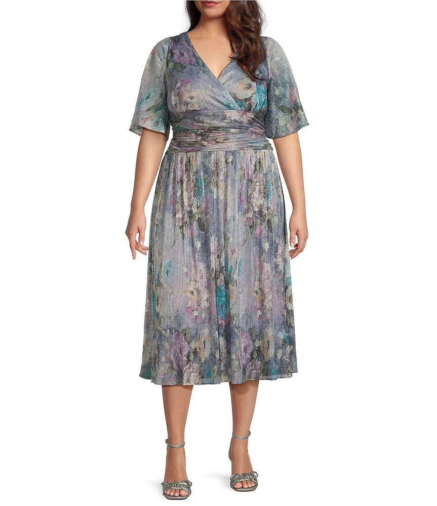 Ignite Evenings Plus Size Surplice Neck Elbow Flutter Sleeve Ruched Waist Shimmer Floral Print A-Line Midi Dress
