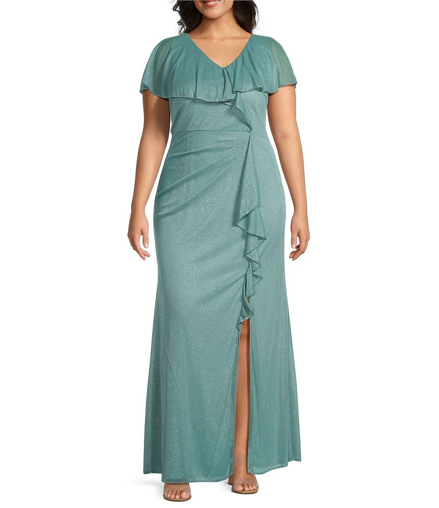 Ignite Evenings Plus Size V-Neck Flutter Sleeve Capelet Bugle Bead Trim Gown