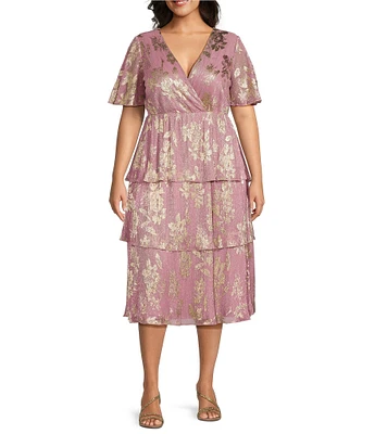 Ignite Evenings Plus Size V-Neck Tiered Metallic Foil Midi Dress