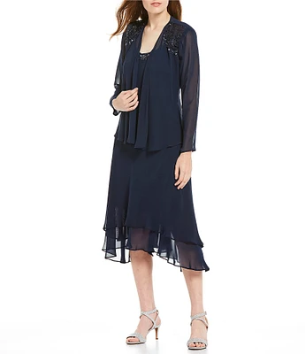 Ignite Evenings Sequined Shoulder Scoop Neck Tiered 2-Piece Midi Jacket Dress