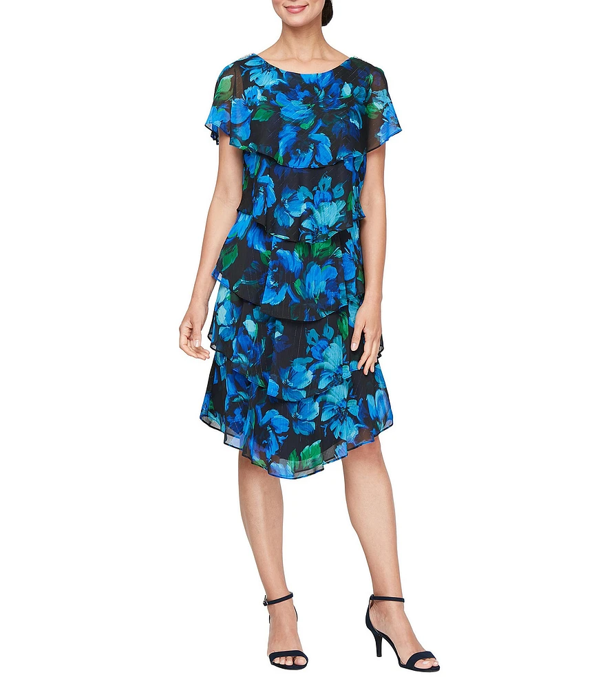 Ignite Evenings Short Caplet Sleeve Tiered Floral Print Midi Dress