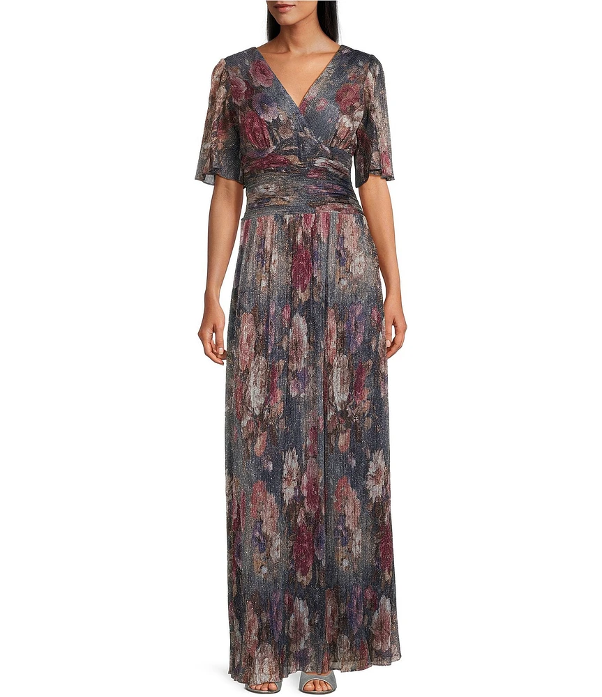 Ignite Evenings Short Flutter Sleeve V-Neck Ruched Waist Gown