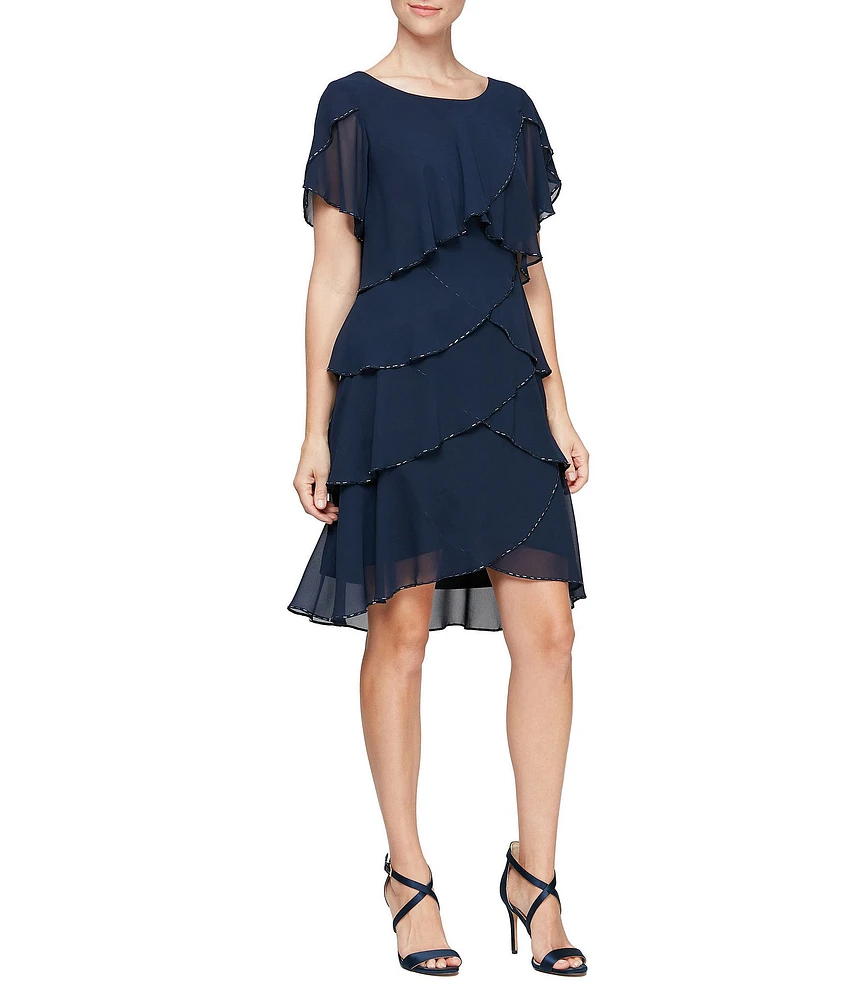 Ignite Evenings Beaded Trim Tiered Scoop Neck Short Flutter Sleeve Tiered Ruffle Hem Dress