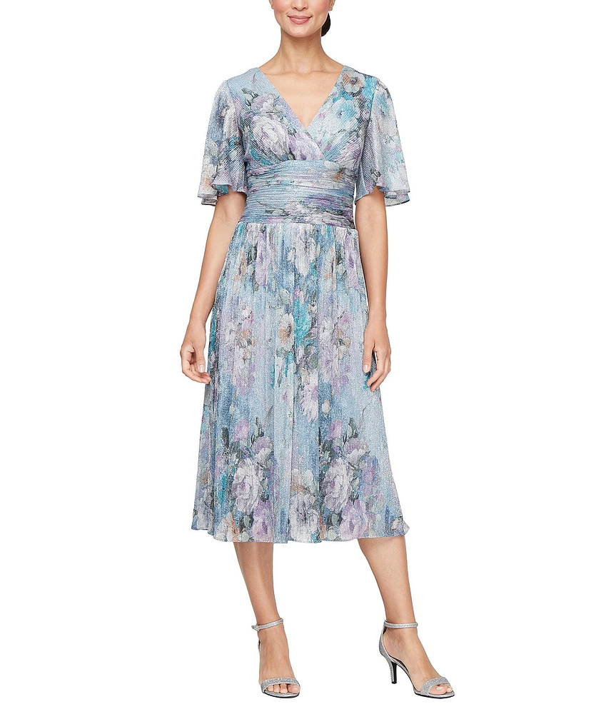 Ignite Evenings Surplice Neck Elbow Flutter Sleeve Ruched Waist Shimer Floral Print A Line Midi Dress