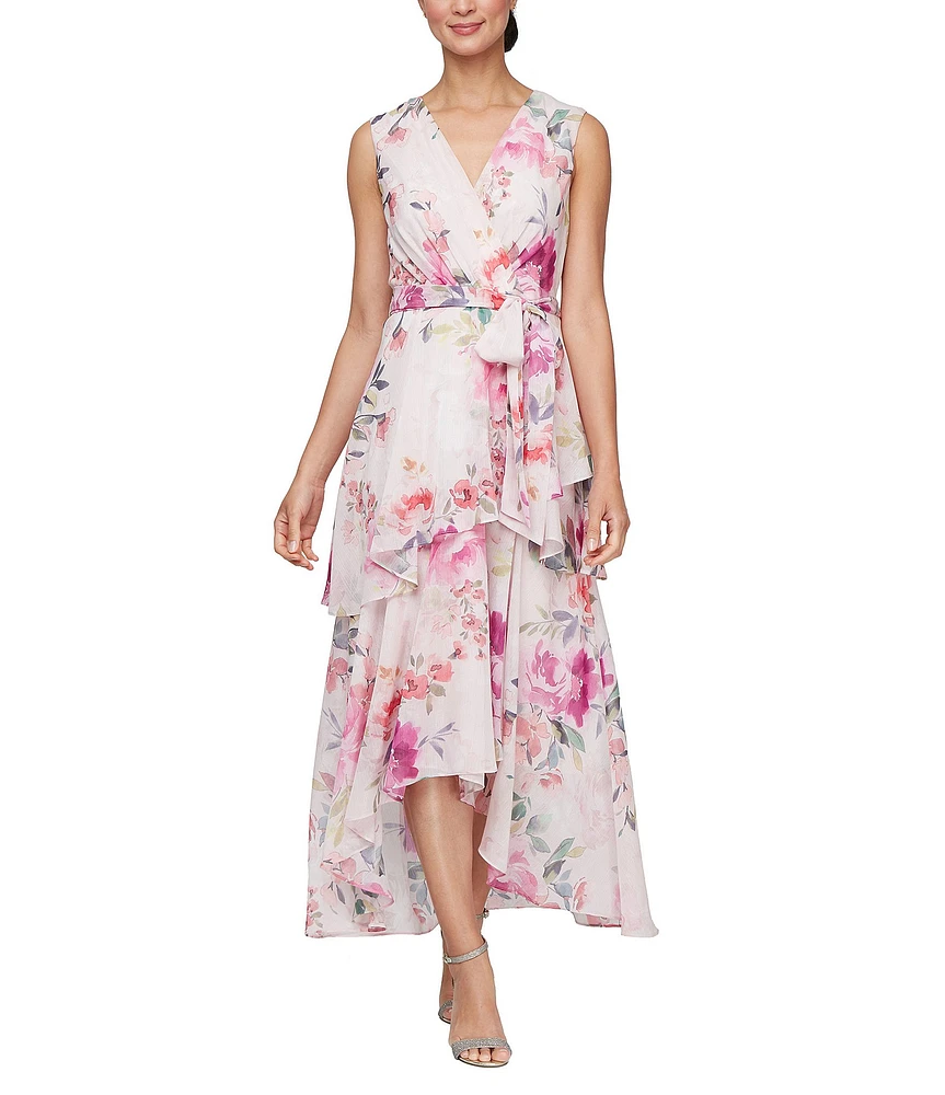 Ignite Evenings Surplice Neck Sleeveless Tiered Skirt Tie Tash Belt High Low Hemline Chiffon Maxi Dress
