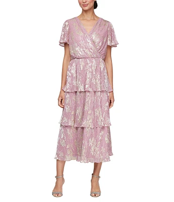 Ignite Evenings V-Neck Tiered Metallic Foil Midi Dress