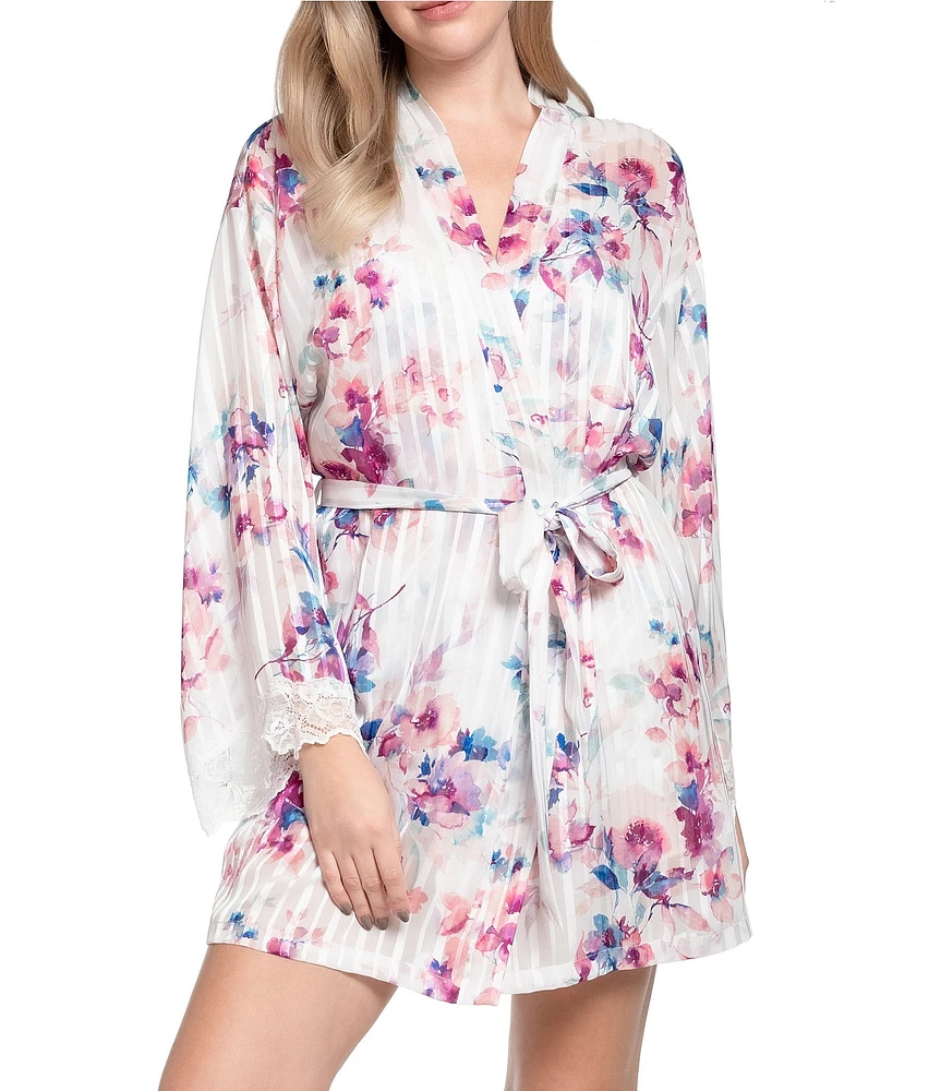 In Bloom By Jonquil 3/4 Sleeve Satin Floral Striped Coordinating Short Lingerie Robe