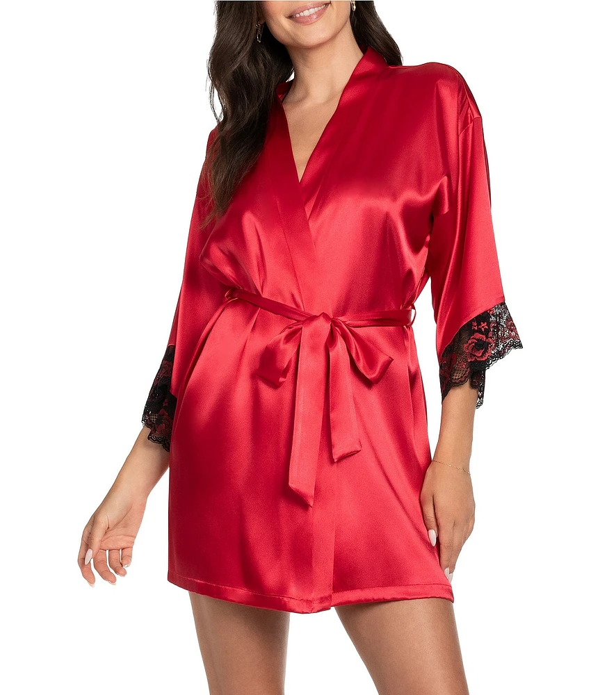 In Bloom By Jonquil Satin 3/4 Floral Sleeve Two-Tone Lace Coordinating Short Robe