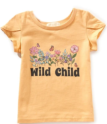 Indie Gold Little Girls Flutter Sleeve Wild Child Graphic T-Shirt
