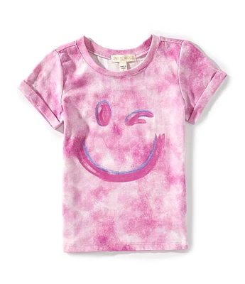 Indie Gold Little Girls Roll-Sleeve Smiley Face Graphic Tie-Dye T-Shirt