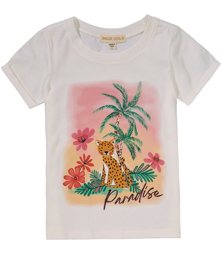 Indie Gold Little Girls Rolled-Sleeve Paradise Printed T-Shirt