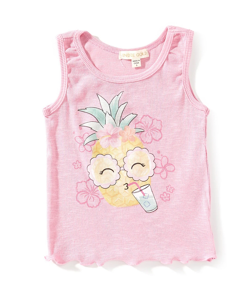 Indie Gold Little Girls Sleeveless Pineapple-Character-Graphic Rib-Knit Tank Top