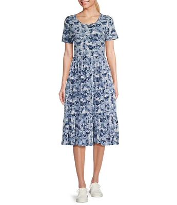 Intro Cotton Slub Jersey Printed Scoop Neck Short Sleeve A-Line Tiered Hem Midi Dress