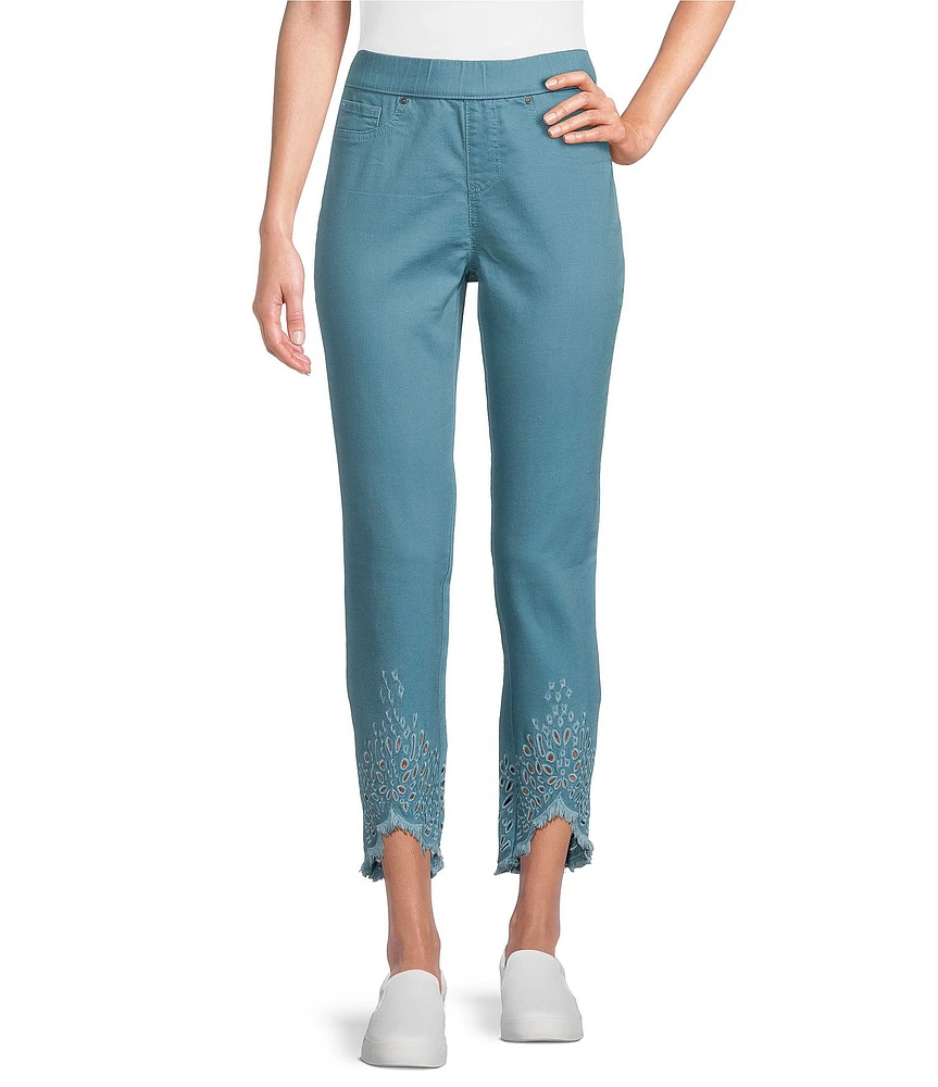 Intro Straight Leg Tulip Eyelet Embroidered Frayed Hem Pull-On Ankle Pants