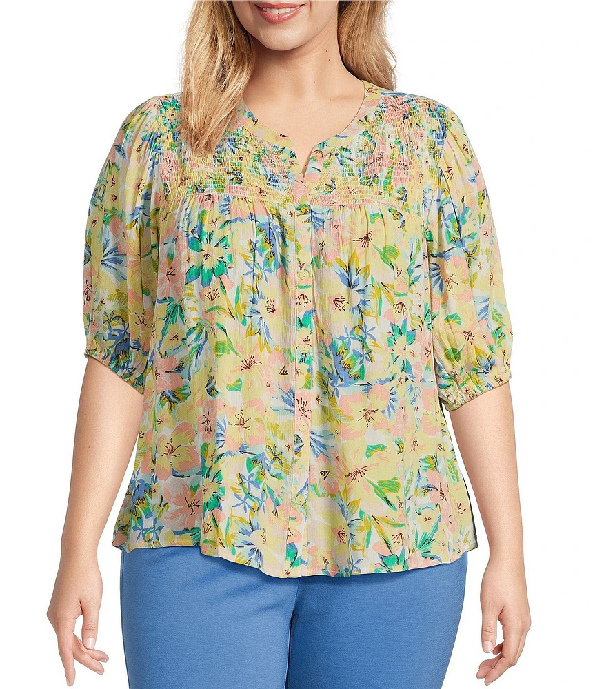 Intro Plus Size Crinkle Gauze Floral Crew Neck Elbow Sleeve Smocked Detail Button-Front Blouse