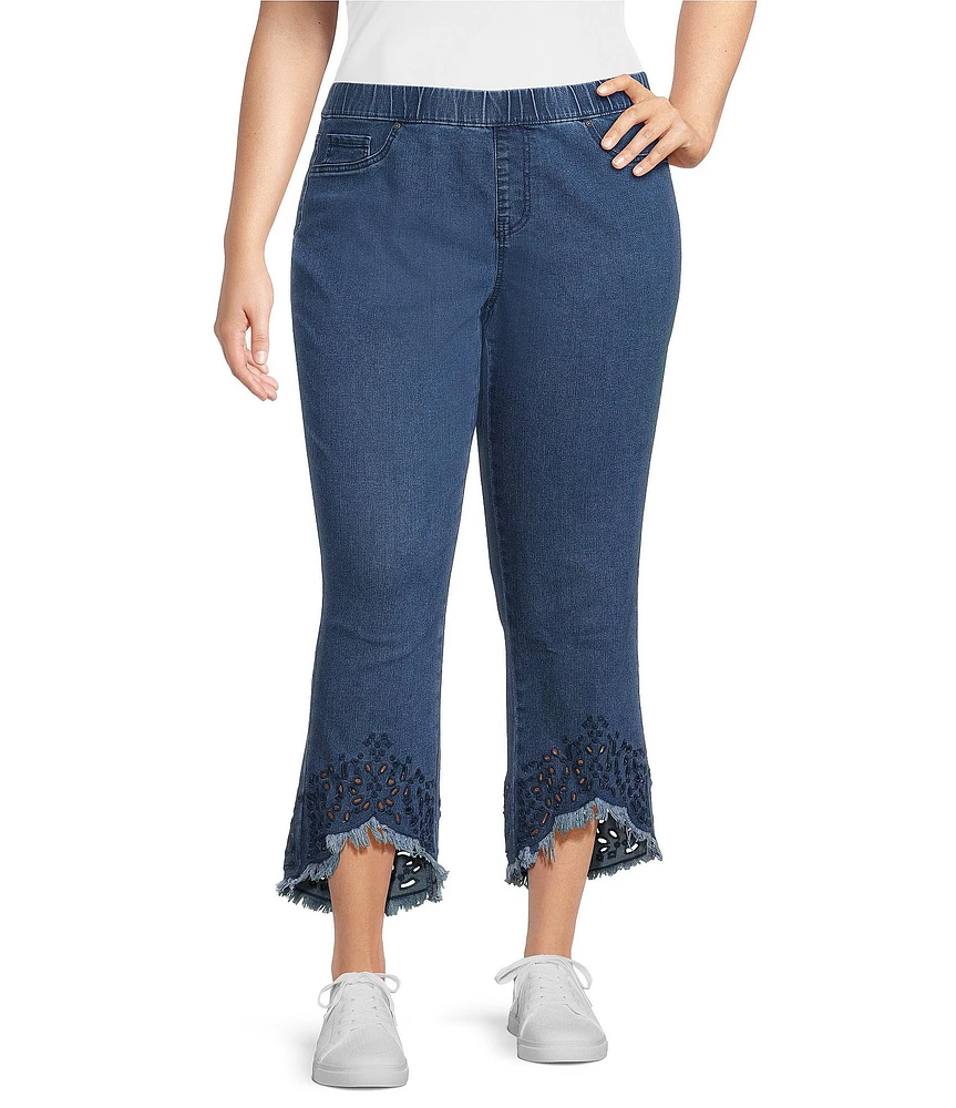Intro Plus Size Straight Leg Tulip Eyelet Embroidered Frayed Hem Pull-On Ankle Pants