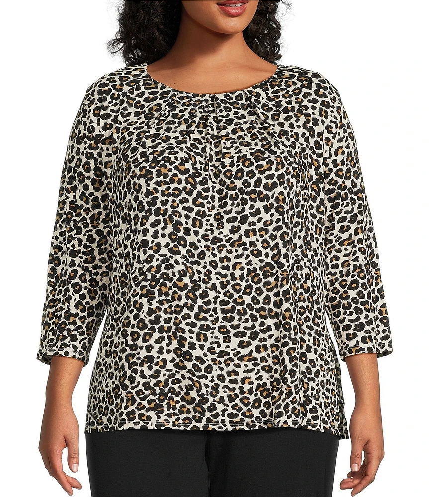 Intro Plus Size Knit Jersey Animal Print 3/4 Sleeve Pleated Neck Tee