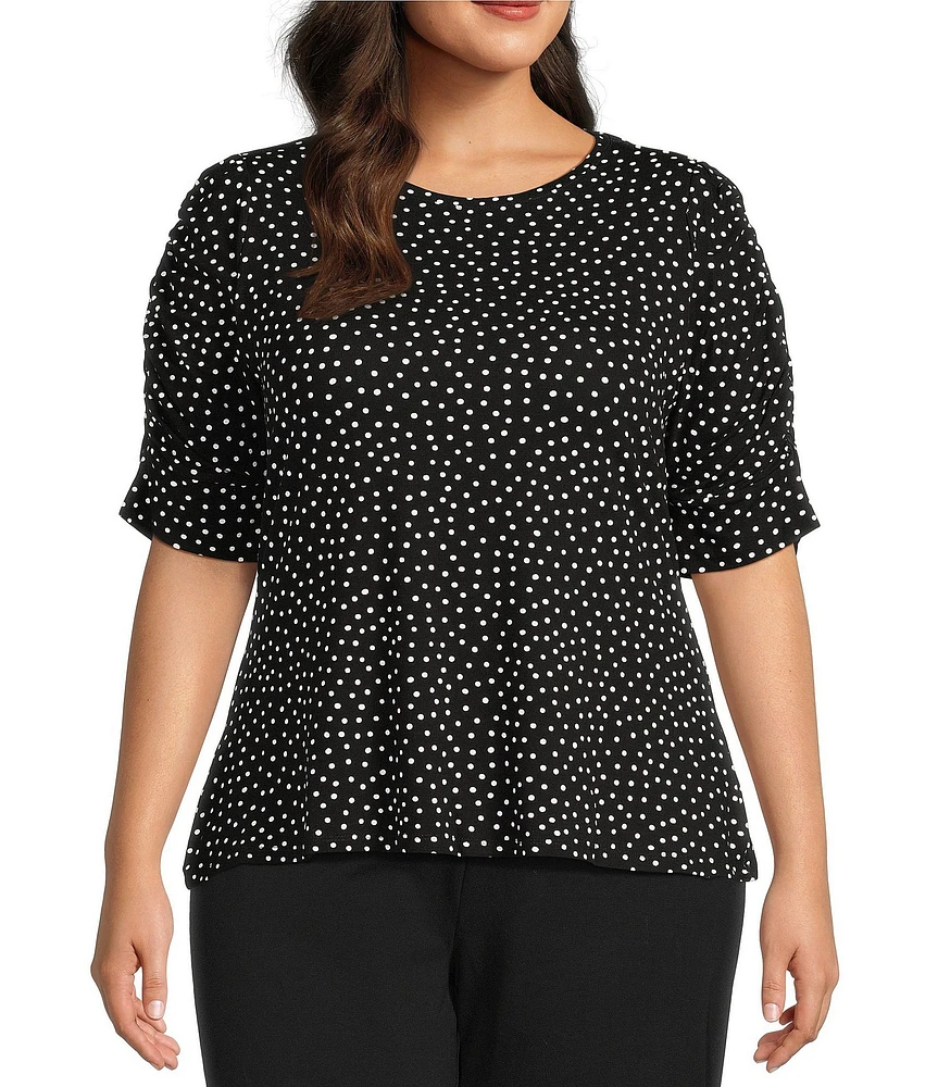 Intro Plus Size Knit Jersey Mini Polka Dot Crew Neck Elbow Puff Sleeve Top