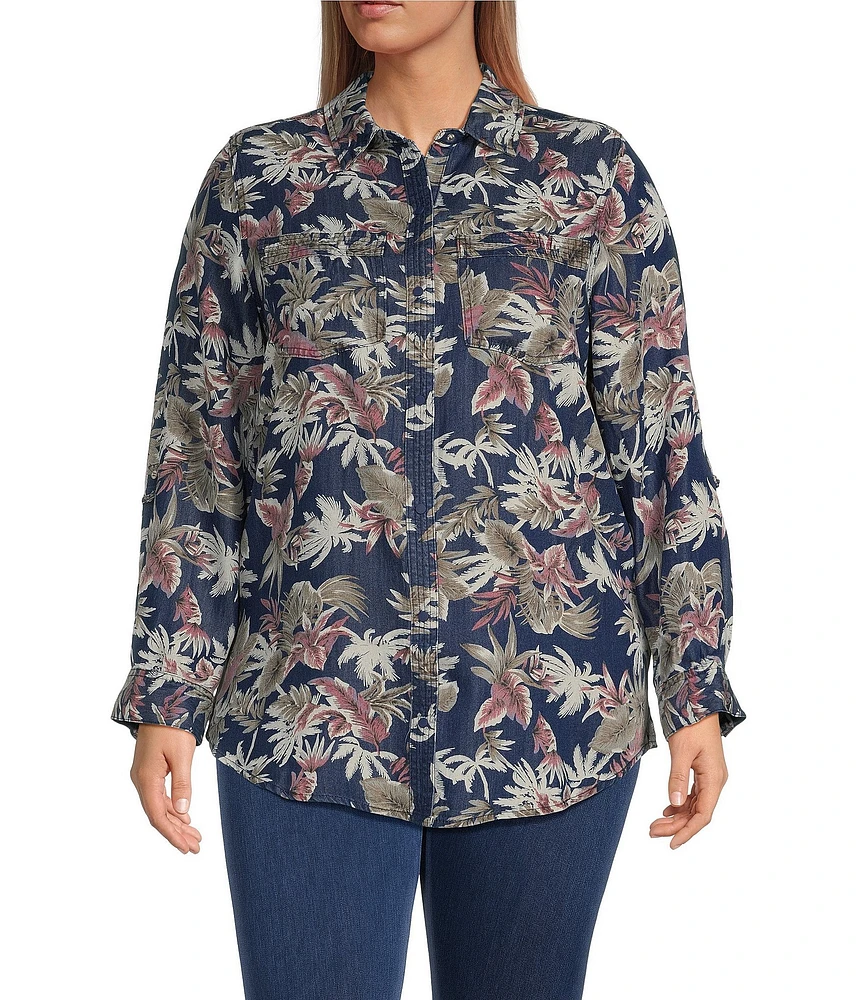 Intro Plus Size Lyocell Slub Dark Wash Pal Print Point Collar Long Roll-Tab Sleeve Shirt